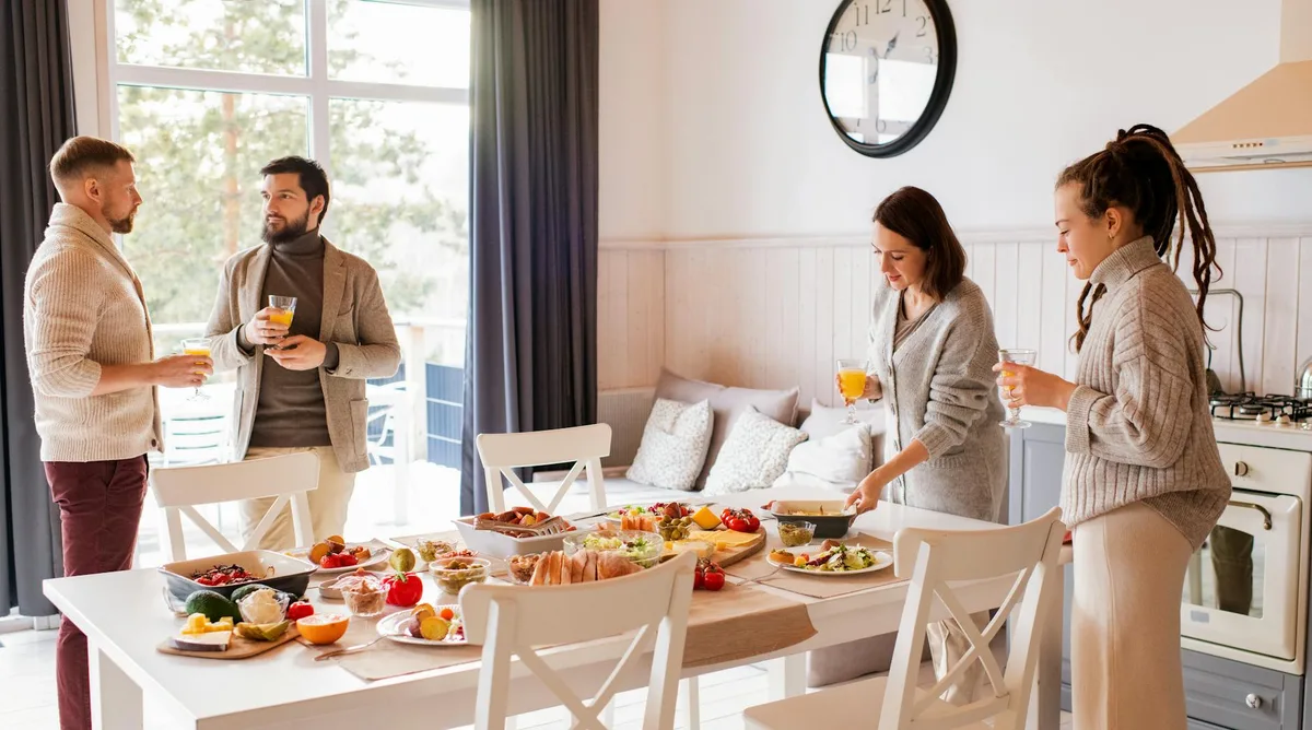 A group of friends enjoying a brunch with various dishes indoors. Warm and casual dining atmosphere.